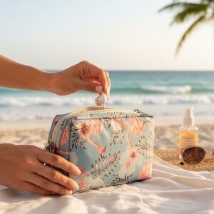 Narway blue and pink flamingo cosmetics bag very beachy
